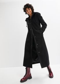 bonprix Mantel aus Wollimitat Maxi-L&auml;nge, schwarz, Gr.44, L&auml;ssiger Longmantel in Wolloptik mit Kapuze und Kordelzug, seitliche Eingriffstaschen