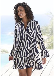 Strandkleid Lascana, Damen, Gr. 44/46, N-Gr, bunt (creme, graublau bedruckt), Web, Obermaterial: 100% Viskose, bedruckt, figurumspielend ca. Mitte Oberschenkel, Rundhals, Volant, Kleider Strandkleid, mit Alloverdruck, Tunika, Blusenkleid aus Viskose