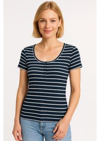V&eacute;ro Moda T-Shirt VERO MODA "VMSEA SS HENLEY TOP JRS", Damen, Gr. XS, blau (navy blazer stripes:snow wei&szlig;), Jersey, Obermaterial: 93% Baumwolle, 7% Elasthan, gestreift, slim fit normal, U-Boot-Ausschnitt, Shirts T-Shirt