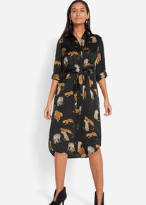 bonprix Hemdblusenkleid aus flie&szlig;endem Satin, schwarz, Gr.46, Sch&ouml;nes Satin Hemdblusenkleid mit modernem Animal-Print