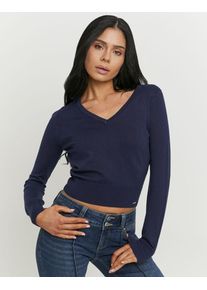 Strickpullover Tally Weijl "SPUVISMARTI", Damen, Gr. S, nuit, Strick, Obermaterial: 68% Viskose, 32% Nylon, unifarben, figurbetont normal, V-Ausschnitt, Pullover Strickpullover, Viskosemischung, Basic, k&uuml;rzer geschnitten