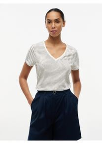 Kurzarmshirt Tommy Hilfiger "CO LINEN V-NECK SHORT SLEEVE TEE", Damen, Gr. XL (46), small brt stp calico, schwarz, Single Jersey, Obermaterial: 50% Baumwolle, 50% Leinen, gestreift, regular fit normal, V-Ausschnitt, abgesteppte Kante, Shirts Kurzarmshirt, mit V-Ausschnitt, Regular Fit