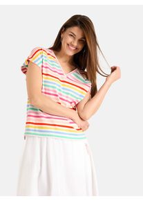 LIEBLINGSST&Uuml;CK T-Shirt LIEBLINGSST&Uuml;CK "HeleneL", Damen, Gr. XS, sanftes wei&szlig;, Single Jersey, Obermaterial: 100% Baumwolle, gestreift, normal, V-Ausschnitt, H&auml;kelkante, Shirts T-Shirt, mit V-Ausschnitt, &Auml;rmeldetails