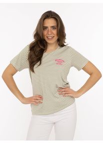 T-Shirt Zwillingsherz "Zwillingsherz", Damen, Gr. L, salbei, Obermaterial: 95% Viskose, 5% Elasthan, Shirts T-Shirt, V-Neck, gestreift, kleines Motiv gestickt