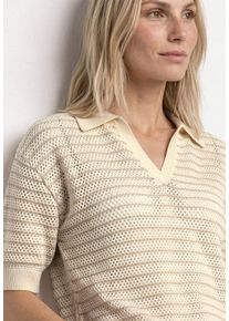 Kurzarmpullover Street One, Damen, Gr. 40, soft beige, Strick, Obermaterial: 100% Baumwolle, gestreift, l&auml;ssig geschnitten h&uuml;ftbedeckend, V-Ausschnitt, B&uuml;ndchen, Pullover Kurzarmpullover, mit Streifen und Polokragen