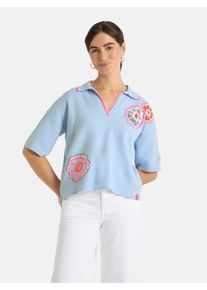 LIEBLINGSST&Uuml;CK Polokragenpullover LIEBLINGSST&Uuml;CK "TainaL", Damen, Gr. 46, skyblau, Strick, Obermaterial: 50% Viskose, 28% Polyester, 22% Nylon, bestickt, gemustert, mehrfarbig, normal, B&uuml;ndchen, Pullover Polokragenpullover, mit floraler Pailletten-Applikation