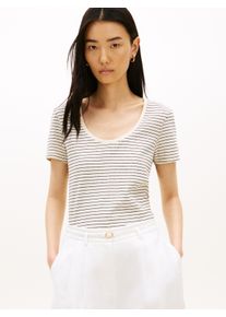 Kurzarmshirt Tommy Hilfiger "CO LINEN SCOOP NK SS TEE", Damen, Gr. XS (34), small brt stp calico, schwarz, Single Jersey, Obermaterial: 50% Baumwolle, 50% Leinen, gestreift, figurbetont normal, U-Boot-Ausschnitt, Shirts Kurzarmshirt, mit kleinem Logo-Stick