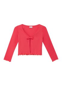 Bolero s.Oliver JUNIOR, M&auml;dchen, Gr. 92/98, coral rot, Strick, Obermaterial: 95% Baumwolle, 5% Elasthan, unifarben, k&ouml;rpernah taillenlang, V-Ausschnitt, H&auml;kelkante, Strickjacken Bolero, mit Bindeband und gekr&auml;useltem Saum