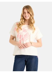 LIEBLINGSST&Uuml;CK T-Shirt LIEBLINGSST&Uuml;CK "DahliaL", Damen, Gr. XS, wei&szlig;, Single Jersey, Obermaterial: 68% Polyester, 28% Baumwolle, 4% Elasthan, bedruckt, gerade h&uuml;ftlang, Rundhals, angesetztes B&uuml;ndchen, Shirts T-Shirt, mit floralem Print, Rundhals