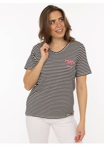 T-Shirt Zwillingsherz "Zwillingsherz", Damen, Gr. XL, marine, Obermaterial: 95% Viskose, 5% Elasthan, Shirts T-Shirt, V-Neck, gestreift, kleines Motiv gestickt