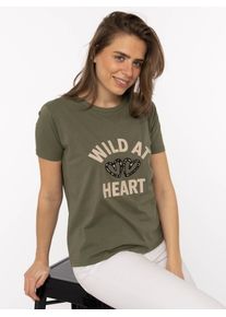 Kurzarmshirt Zwillingsherz, Damen, Gr. XL, khaki, Web, Obermaterial: 95% Baumwolle, 5% Elasthan, Basic h&uuml;ftlang, Rundhals, gerader Abschluss, Shirts Kurzarmshirt