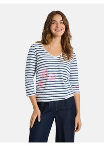 LIEBLINGSST&Uuml;CK 3/4-Arm-Shirt LIEBLINGSST&Uuml;CK "TylaL", Damen, Gr. XS, jeans, Single Jersey, Obermaterial: 95% Baumwolle, 5% Elasthan, bestickt, gestreift, h&uuml;ftlang, V-Ausschnitt, Shirts 3/4-Arm-Shirt, mit V-Ausschnitt, bestickt