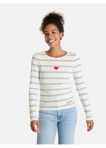 LIEBLINGSST&Uuml;CK Langarmshirt LIEBLINGSST&Uuml;CK "SinaL", Damen, Gr. XS, sanftes wei&szlig;, Rippstrick, Obermaterial: 95% Baumwolle, 5% Elasthan, gemustert, gestreift, mehrfarbig, regular fit normal, Rundhals, abgesteppte Kante, Shirts Langarmshirt, mit Herzmotiv und Streifen