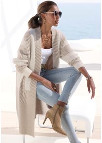 Longstrickjacke Lascana, Damen, Gr. 32/34, beige (creme, beige), Strick, Obermaterial: 50% Polyamid, 30% Viskose, 20% Polyester, gemustert, figurumspielend kniebedeckend, ohne Ausschnitt, Strickjacken Longstrickjacke, aus flauschigem Strick, Cardigan mit langen &Auml;rmeln