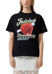 Kurzarmshirt QS, Damen, Gr. XL (42), schwarz, Jersey, Obermaterial: 100% Baumwolle, bedruckt, normal h&uuml;ftbedeckend, Rundhals, abgesteppte Kante, Shirts Kurzarmshirt, Sommershirt mit gro&szlig;em Print