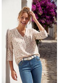 Schlupfbluse Lascana, Damen, Gr. 44, beige (creme, taupe bedruckt), Web, Obermaterial: 100% Viskose, bedruckt, figurumspielend h&uuml;ftlang, V-Ausschnitt, mit Riegel, Blusen Schlupfbluse, mit 3/4-&Auml;rmeln und Knopfleiste, Damenbluse, Topseller