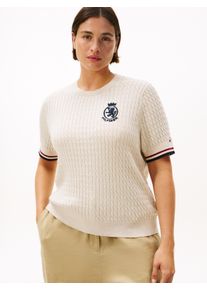 Strickpullover Tommy Hilfiger Curve "CRV CO CABLE FINE GG GPC SS SWT", Damen, Gr. 48, htr oatmeal gs tipping, Strick, Obermaterial: 100% Baumwolle, unifarben mit Farbeinsatz, Rundhals, B&uuml;ndchen, Pullover Strickpullover, in gro&szlig;en Gr&ouml;&szlig;en, mit Zopfmuster