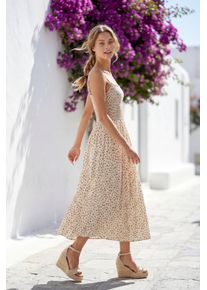 Midikleid Lascana, Damen, Gr. 34, N-Gr, beige (creme, taupe bedruckt), Jersey, Obermaterial: 100% Viskose, bedruckt, figurumspielend ca. Mitte Wade, eckiger Ausschnitt, Kleider Midikleid, mit gesmoktem Oberteil und Alloverprint, Sommerkleid, Topseller