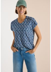 T-Shirt Cecil, Damen, Gr. L (42), universal blau, Jersey, Obermaterial: 50% Baumwolle, 50% Modal, bedruckt, gemustert, figurumspielend h&uuml;ftlang, V-Ausschnitt, Shirts T-Shirt, mit Modal und Spitzendetail, Alloverprint