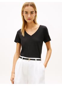 Kurzarmshirt Tommy Hilfiger "CO LINEN V-NECK SHORT SLEEVE TEE", Damen, Gr. M (40), schwarz, Single Jersey, Obermaterial: 50% Baumwolle, 50% Leinen, unifarben, regular fit normal, V-Ausschnitt, abgesteppte Kante, Shirts Kurzarmshirt, mit V-Ausschnitt, Regular Fit