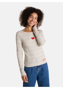 LIEBLINGSST&Uuml;CK Langarmshirt LIEBLINGSST&Uuml;CK "SinaL", Damen, Gr. XXL, beige, Rippstrick, Obermaterial: 95% Baumwolle, 5% Elasthan, gemustert, gestreift, mehrfarbig, regular fit normal, Rundhals, abgesteppte Kante, Shirts Langarmshirt, mit Herzmotiv und Streifen