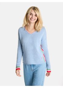 LIEBLINGSST&Uuml;CK Strickpullover LIEBLINGSST&Uuml;CK "MaraL", Damen, Gr. 42, skyway, Strick, Obermaterial: 47% Wolle, 38% Viskose, 10% Polyamid, 5% Kaschmir, unifarben mit Farbeins&auml;tzen, h&uuml;ftbedeckend, V-Ausschnitt, Pullover Strickpullover, mit V-Ausschnitt, gestickte Details