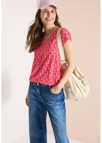 T-Shirt Cecil, Damen, Gr. XS (36), glazed apple rot, Jersey, Obermaterial: 50% Baumwolle, 50% Modal, bedruckt, regular fit normal, V-Ausschnitt, Shirts T-Shirt, mit All-Over Print