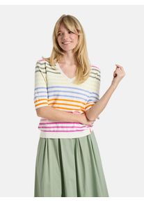 LIEBLINGSST&Uuml;CK Kurzarmpullover LIEBLINGSST&Uuml;CK "MarvicL", Damen, Gr. 46, sanftes wei&szlig;, Feinstrick, Obermaterial: 44% Baumwolle, 36% Leinen, 20% Polyester, gestreift, regular fit h&uuml;ftlang, V-Ausschnitt, Rippstrickb&uuml;ndchen, Pullover Kurzarmpullover, mit V-Ausschnitt, Materialmix mit Leinen