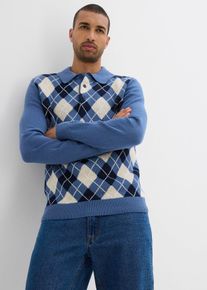 bonprix Polo-Pullover aus reiner Baumwolle, blau, Gr.60/62 (XXL), eleganter Polo-Pullover mit zeitlosem Rauten-Muster, aus 100% Baumwolle