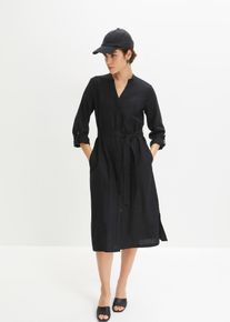 bonprix Kleid mit Taschen aus Leinen-Viskose-Mix, schwarz, Gr.52, Leinenkleid mit Taschen und &frac34; Arm zum krempeln, aus Leinen