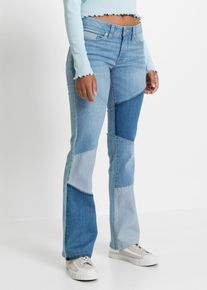 bonprix Flared-Jeans Mid Waist, blau, Gr.48, Trendy Schlagjeans im Patch-Look, 82% Baumwolle