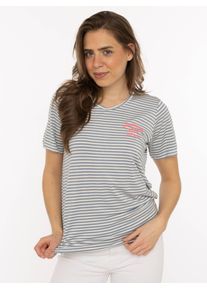 T-Shirt Zwillingsherz "Zwillingsherz", Damen, Gr. XL, jeansblau, Obermaterial: 95% Viskose, 5% Elasthan, Shirts T-Shirt, V-Neck, gestreift, kleines Motiv gestickt