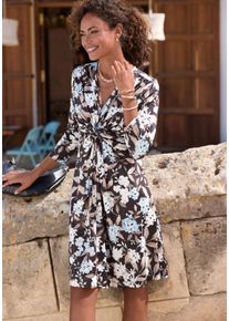 Druckkleid Lascana, Damen, Gr. 42, N-Gr, bunt (schwarz, braun, blau bedruckt), Jersey, Obermaterial: 95% Polyester, 5% Elasthan, bedruckt, figurbetont kniefrei, V-Ausschnitt, gerader Abschluss, Kleider Druckkleid, aus b&uuml;gelfreier Ware