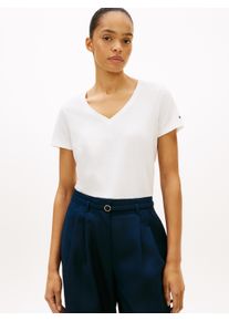 Kurzarmshirt Tommy Hilfiger "CO LINEN V-NECK SHORT SLEEVE TEE", Damen, Gr. XS (34), ecru, Single Jersey, Obermaterial: 50% Baumwolle, 50% Leinen, unifarben, regular fit normal, V-Ausschnitt, abgesteppte Kante, Shirts Kurzarmshirt, mit V-Ausschnitt, Regular Fit