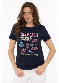 T-Shirt Zwillingsherz "Beach", Damen, Gr. XL, marine, Obermaterial: 95% Baumwolle, 5% Elasthan, Shirts T-Shirt, Rundhals, gro&szlig;es maritimes Motiv mit Stickerei