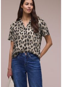 Kurzarmbluse Street One, Damen, Gr. 34, timeless beige, Web, Obermaterial: 100% Viskose, l&auml;ssig geschnitten h&uuml;ftbedeckend, Rundhals, abgesteppte Kante, Blusen Kurzarmbluse, Sommerbluse mit Animal Print