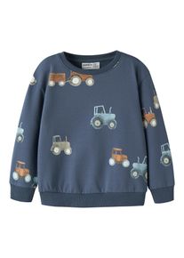 Sweatshirt name it "NMMFOTRACTOR LS NREG SWEAT BRU", M&auml;dchen, Gr. 98, vintage indigo, angeraute Sweatware, Obermaterial: 95% Baumwolle, 5% Elasthan, bedruckt, normal normal, Rundhals, Rippb&uuml;ndchen, Sweatshirts Sweatshirt