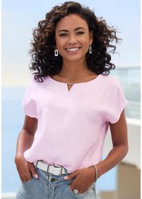 Kurzarmbluse Vivance, Damen, Gr. 46, ros&eacute;, wei&szlig; gestreift, Web, Obermaterial: 100% Viskose, bedruckt, gestreift, figurumspielend h&uuml;ftbedeckend, Rundhals, Blusen Kurzarmbluse, mit Zierdetail am Ausschnitt, Druckbluse