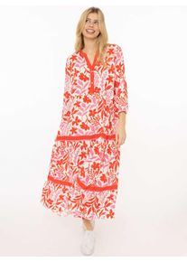 Maxikleid Zwillingsherz "Flower", Damen, Gr. L/XL, N-Gr, rot, Obermaterial: 100% Viskose, Kleider Maxikleid, Florales Muster, Schriftzug, 3/4 Arm, Knopfleiste