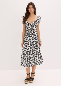 bonprix Midikleid aus flie&szlig;endem Viskose-Mix, wei&szlig;, Gr.42, Weit schwingendes Kleid mit R&uuml;schenausschnitt