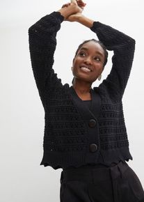 bonprix Ajour-Strickjacke aus reiner Baumwolle, schwarz, Gr.40/42 (M), Modischer Cardigan mit Lochstrickmuster, aus 100% Baumwolle