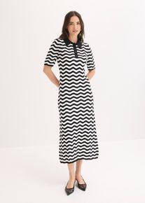 bonprix Strickkleid aus reiner Baumwolle, schwarz, Gr.40/42 (M), modisches Strickkleid in Midil&auml;nge mit Polo-Kragen und dekorativem Strickdesign, aus 100% Baumwolle