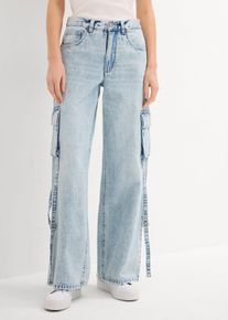 bonprix Cargo Jeans Mid Waist Low Stretch Full Length, blau, Gr.50, Wide-Leg-Jeans Mid Waist mit Cargo Details, 100% Baumwolle