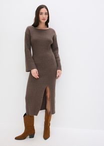 bonprix Strickkleid mit Schlitz, braun, Gr.48/50 (XL), Mit U-Boot-Ausschnitt und langen Trompeten&auml;rmeln