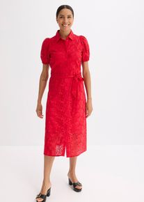 bonprix Lochstickerei-Blusenkleid aus reiner Baumwolle, rot, Gr.44, feminines Lochstickerei-Blusenkleid aus reiner Baumwolle mit Bindeband in der Taille und Puff&auml;rmeln, aus 100% Baumwolle