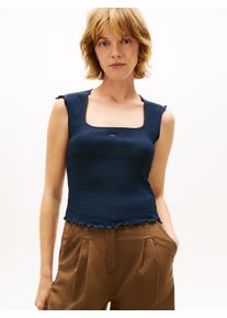 Kurzarmshirt Tommy Jeans "TJW SLIM SH SQUARE NCK SMOCK TOP", Damen, Gr. XS (34), schwarz night navy, Single Jersey, Obermaterial: 96% Polyester, 4% Elasthan, unifarben, slim fit h&uuml;ftlang, Rundhals, Shirts Kurzarmshirt, mit dem gewellten Saum