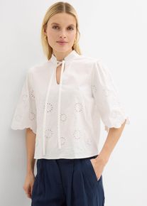 bonprix Kurze Tunikabluse mit Lochstickerei, wei&szlig;, Gr.48, schicke Tunika Bluse aus Baumwoll-Mix, 97% Baumwolle
