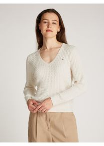 V-Ausschnitt-Pullover Tommy Hilfiger "CO CABLE V-NK LS SWT", Damen, Gr. XS (34), wei&szlig; (ivory petal), Strick, Obermaterial: 100% Baumwolle, meliert, normal kurz, V-Ausschnitt, Rippstrickb&uuml;ndchen, Pullover V-Ausschnitt-Pullover, mit Zopfmuster, Logostickerei