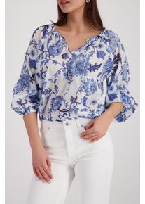 Langarmbluse monari "Bluse Blumendruck allover", Damen, Gr. 46, marine gem, Web, Obermaterial: 100% Baumwolle, gebl&uuml;mt, regular fit taillenlang, Rundhals, elastischer Bund, Blusen Langarmbluse, Regular fit mit Blumenmuster