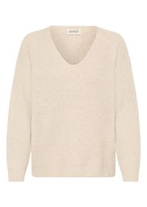 V-Ausschnitt-Pullover oxmo "V-Ausschnitt-Pullover OXICALLIE", Damen, Gr. M, beige (oatmeal melange), Obermaterial: 93% Polyester PES. 5% Wolle mw. 2% Elasthan EL., Pullover V-Ausschnitt-Pullover